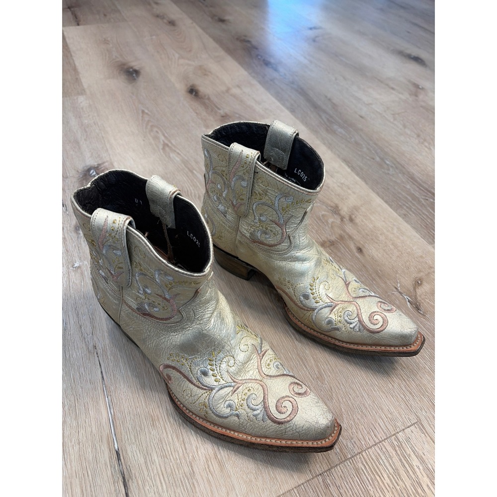 Corral Gold Metallic Crackle Leather Embroidered Ankle Boots C1217 Snip Toe 8